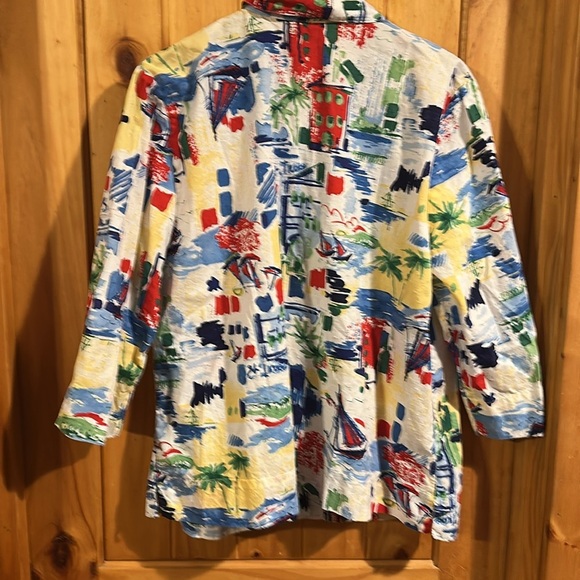 Vintage Koret Top Blouse Button Up 3/4 Sleeve Hawaiian Palm Trees Sail Boat - Picture 3 of 4